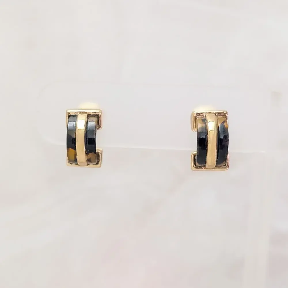 Vintage Clip On Earrings Small Gold Tone & Black/Brown Tone Hoops Stylish